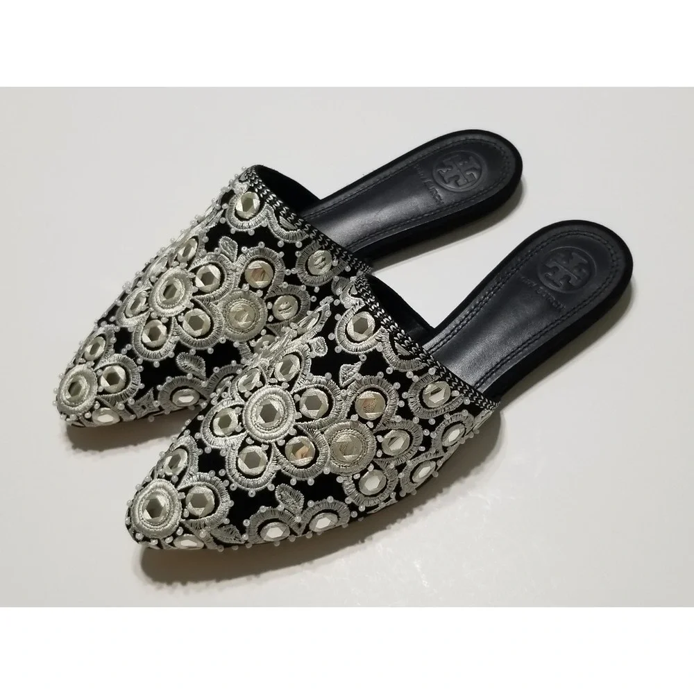 Tory Burch Elora Slide Black Suede Mirror Embroidery Flat Mule Slipper 6 $378